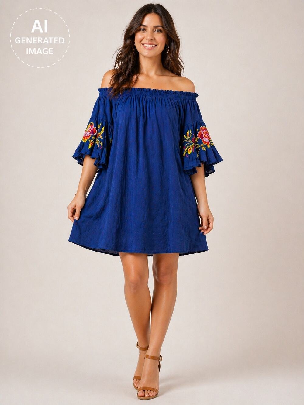 Feathers Blue Off Shoulder Embroidered Boho Peasant Dress 1X